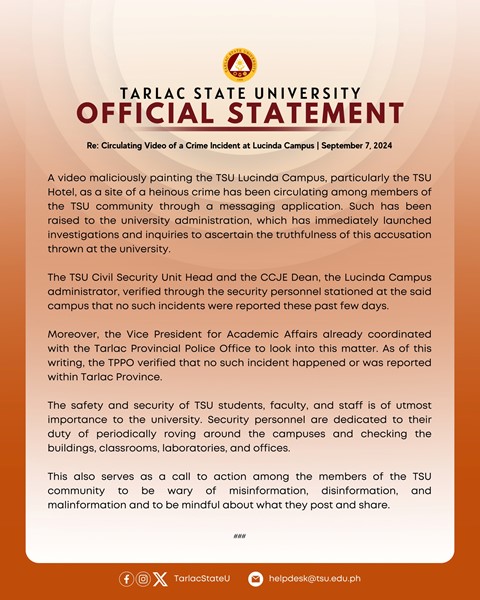OFFICIAL STATEMENT Re: Circulating Video of a Crime Incident at Lucinda Campus